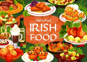 Irish cuisine food vector meal of meat, vegetable and fish with bread. Potato pancakes, irish stews with beef, lamb and rabbit, soda bread and berry cupcake, salmon with cabbage salad and colcannon