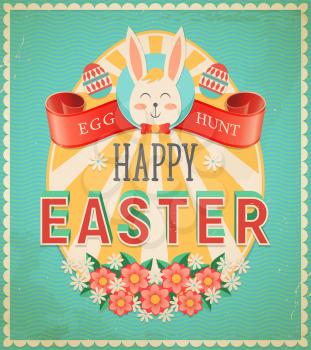 Happy Easter egg hunt vintage greeting card. Vector poster with rabbit, decorated eggs, flowers and red curled ribbon with typography. Easter christian spring holiday celebration grunge design card