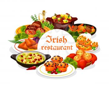 Irish restaurant food with vector dishes of vegetable, meat and fish with dessert. Irish stews with beef, rabbit and lamb, potato pancakes and colcannon, salmon, cabbage salad, soda bread and cupcakes