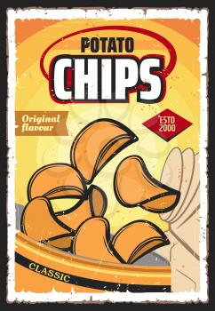 Potato chips or crisps, vector vegetable snack food. Crunchy and salty slices of deep fried potato with spices spilled out of bag, junk food or appetizer retro poster design