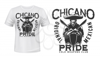 Mexican bandit with knives t-shirt print mockup of bladed weapon or cold arms vector design. Mexican gangster with machetes, sombrero and poncho, custom apparel print template for melee weapon club