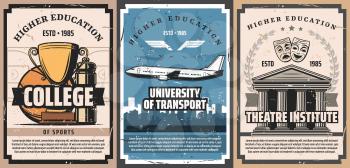 Higher education vector design with University of Transport, College of Sport and Theatre Institute retro posters. University building, airplane, ball and winner trophy cup, comedy and tragedy masks