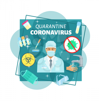 Coronavirus epidemy quarantine medical prevention. 14 days quaratine method after infection of virus, doctor in protective mask, tests and analyzes, hands hygiene and safety glasses. Vector poster