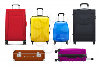 Travel suitcases and bags, luggage isolated vector of tourism, vacation trip and journey design. Realistic trolley cases, old leather briefcase and hard shell upright spinners with handles, wheels