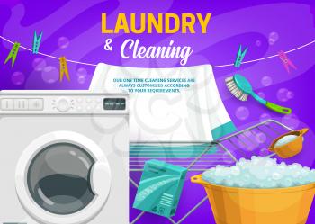 Laundry and house cleaning vector design of washing machine, detergent powder and plastic wash basin, brush, clothes drying rack and clothespins poster with soap foam and bubbles. Housework themes