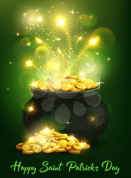 St Patricks Day Irish holiday leprechaun pot with gold vector greeting card. Treasure cauldron of celtic dwarf with lucky golden coins, sparkles and magic light swirls, spring festival of St Patricks