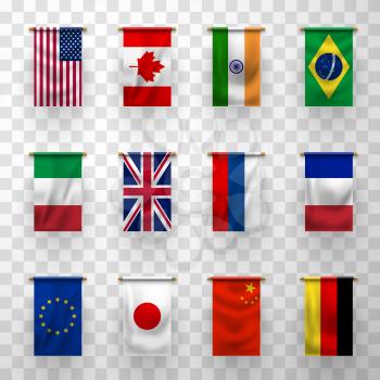 Flags of countries, 3d vector banners. National flags of Germany, France, Italy and Brazil, Japan, China, Canada and Russia, United States of America, European Union, United Kingdom and India