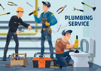 Plumbers with work tools. Vector characters of plumbing repair and maintenance service. Cartoon plumbing workers fixing water pipes and clogged toilet with wrenches, plungers, toolboxes and spanners