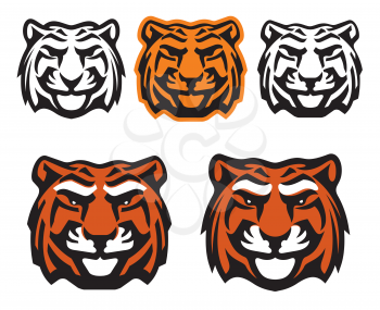 Tiger head vector icons, wild predatory cat mascot. Bengal tiger face of hunting, sport and zoo symbol design, Indian carnivorous mammal wildcat with orange fur, black and white stripes