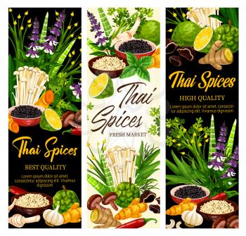 Thai cuisine spices and cooking herbs, farm market seasonings and herbal flavorings. Thai cuisine kaffir lime and galangal root, green curry, lemongrass, chili pepper and shiitake mushrooms