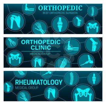 Rheumatology and orthopedic medical clinic vector banners with joints and bones anatomy. MRI and CT scans of arthritis pain diagnostics with leg, hand, knee and spine, foot, pelvis, shoulder and elbow