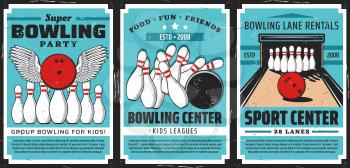 Bowling alley with balls and pins, vector posters. Bowling sport center lanes with skittles strike and winged ball. Retro posters of sporting competition and leisure activity