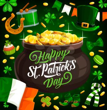 St Patricks Day pot with gold, Irish religion holiday vector design. Green leaves of clover or shamrock, leprechaun treasure cauldron, horseshoe and lucky coins, Ireland flag and St Patricks Day drum