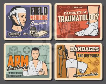 Medical first aid, trauma bandaging. Traumatology faculty and filed medicine academy courses, ambulance clinic emergency ward. Treatment and rehabilitation hospital, vector vintage retro posters