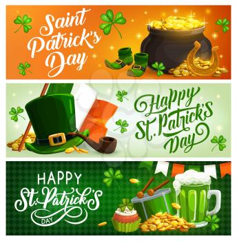 St Patricks Day Irish holiday objects. Vector banners of leprechaun hat, green clover leaves and pot of gold, shamrock, beer, flag of Ireland and lucky horseshoe, golden coins, drum and smoking pipe