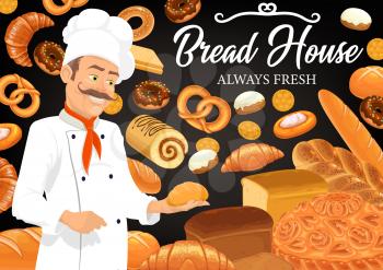 Baker with bread and bakery shop food. Vector pastry chef, white hat and loaves of wheat bread, baguette, croissant and toasts, bagel, donut, cookie and sweet buns, pretzel, pie, cheese tart and roll