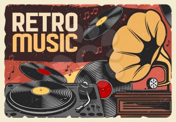 Vinyl records retro music and vintage gramophone grunge poster. Vector record player and phonograph with musical notes and disks, disco party or dance club design