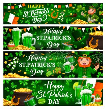 St Patricks Day green banners of Irish holiday clovers, leprechauns with pot gold. Vector shamrock leaves, lucky horseshoes and golden coins, green ale beer and drums of Patricks Day spring festival