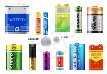 Batteries, accumulators and button cells vector set. Realistic primary batteries of different types. 3d alkaline cylinder, accumulator and coin cells of different sizes