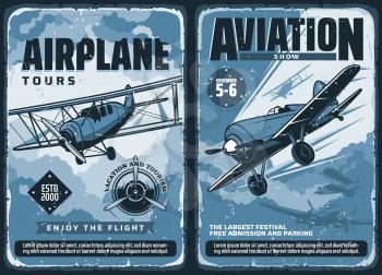 Aviation show, custom airplanes professional pilot flights festival, vector vintage retro posters. Civil aviation, military airforce and propeller airplane patriotic day aviators show