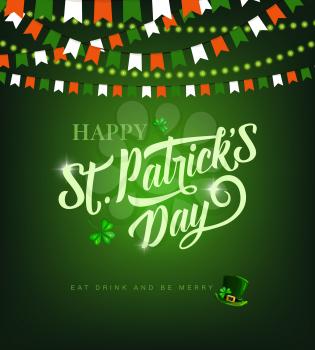 St Patricks Day Irish holiday vector greeting card. Patricks Day green leaves of clover or shamrock, leprechaun hat, bunting garlands in colors of Ireland flag and festive lights
