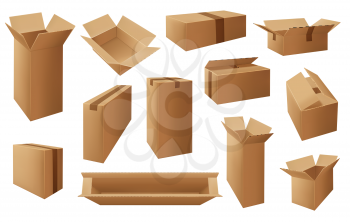 Cardboard or carton boxes, package vector isolated objects. Delivery open and closed mail parcels, shipping packs. Blank corrugated boxes of transportation, shipping and warehouse storage service