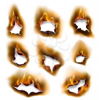 Burning fire flames and burnt paper holes with edges, vector realistic. Burned paper pages with abstract holes in fire flames, torn borders and ripped frames