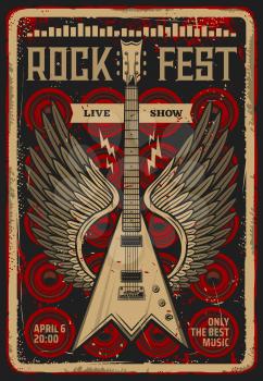 Rock festival music concert retro poster. Vector electric guitar with wings, equalizer sound waves and lightnings on background with loudspeakers. Rock fest live show grunge invitation design
