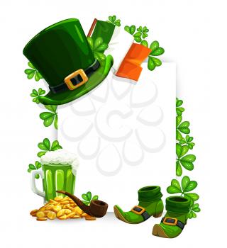 St Patricks Day vector greeting frame with Irish holiday clovers, leprechaun hat, boots and gold, shamrock leaves, green beer and Ireland flag. Spring religious festival celebration design