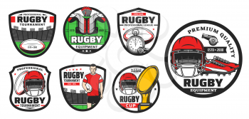 Rugby football sport game vector icons. Player, balls and play field, champion trophy cup, stadium and helmets, boots and jersey, referee whistles and stopwatch. Rugby sport symbols