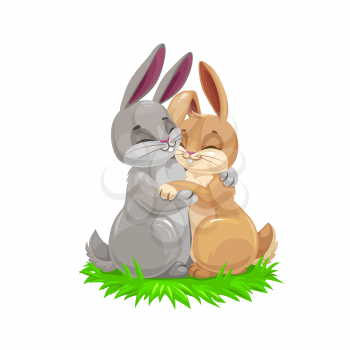 Easter cartoon bunny couple, holiday egghunting vector design. Easter egg hunt gray and brown rabbit animals hugging on green grass