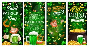 St Patricks Day leprechaun gold and clover leaves. Irish holiday. Vector banners of Irishman, Patricks Day hat, green ale beer and shamrocks, treasure pot with golden coins, horseshoe, firework