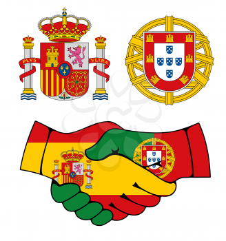 Handshake of Portugal and Spain hands, country coat of arms, vector design of Iberian relations. Hands in colors of national Portugal and Spain flags, countries partnership