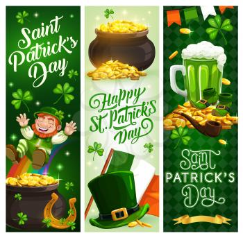 Vector banners of St Patricks Day holiday. Irish leprechaun hat, clover or shamrock leaves and pots of gold, green beer, lucky horseshoe and Ireland flag, rainbow and treasure cauldrons