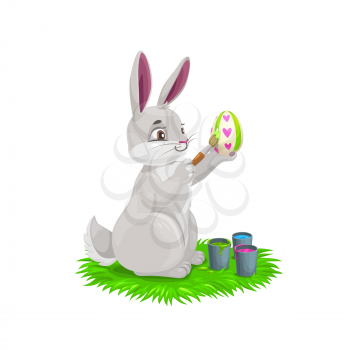 Bunny painting Easter holiday egg. Vector design of egghunting party. White rabbit or bunny cartoon animal decorating egg with paints and brush, Christian religion Resurrection Sunday