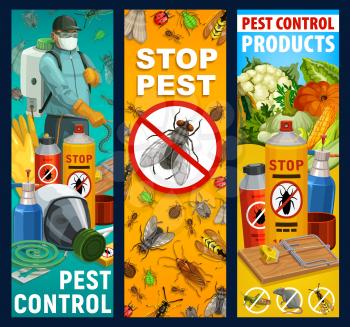 Pest control service vector banners. Insects, exterminator and equipment. Bugs of cockroach, ant and fly, chemical insecticide and pesticide sprayers, mosquito and termite, tick, aphid, mouse trap