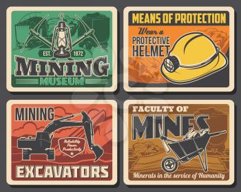 Mining industry coal mine machinery excavators and miner equipment museum vector vintage posters. Miner university and industrial production faculty on metal and iron ore extraction