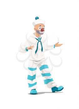 Cartoon circus clown character in white and blue sailor costume, funfair carnival. Vector clown mime with red nose and blue pom-pom hat isolated on white background