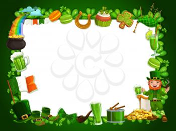Patricks day shamrock frame, traditional Irish holiday feast. Vector empty frame with Ireland Patrick Day symbols, shamrock clover leaf, green ale pint, leprechaun gold coins and rainbow