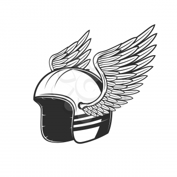 Biker helmet with wings. Motor race team symbol, rally sport team emblem and custom chopper bike riders tournament sign
