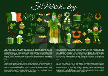 Saint Patrick with Irish religious holiday symbols. Vector leprechaun, clover and hat, pot of gold, shamrock leaf and green beer, lucky horseshoe, golden coins, flag of Ireland and celtic man beard
