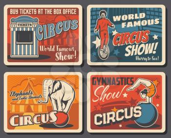Circus and funfair carnival show, vector vintage posters. Shapito big top circus tent and ticket office booth, clown on unicycle, equilibrist girl and elephant balancing on ball