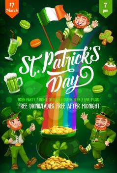 Patricks Day leprechauns dancing and sliding down on rainbow with gold. Green shamrock or clover leaves, pot of golden coins and Irish flag, treasure and beer. Party invitation vector design