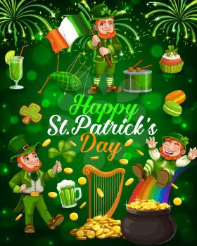 Patricks Day cartoon leprechauns with shamrock, Irish flag and gold pot on rainbow vector greeting card. Golden coins, green ale beer and clover leaves, drum, bagpipe and harp, sparkles and fireworks
