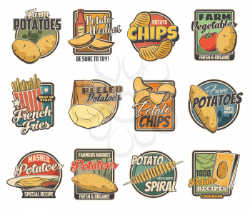 Potato products, farm and food package vector icons. Potato chips and wedge snack, fast food french fries and mashed potatoes recipe pack, tornado spiral snack