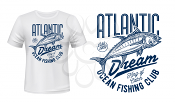 Tuna fish sketch of fishing sport and fisherman club t-shirt print vector design. Atlantic ocean animal grunge badge with lettering, outdoor hobby and fishing sporting competition themes