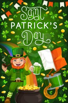 Saint Patricks day Irish holiday green symbols. Vector cartoon leprechaun and rainbow, treasure pot of gold, lucky horseshoe and drum. Clover shamrock leaves, flag of Ireland on green