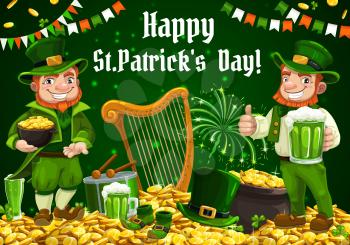 Saint Patrick day, vector leprechauns with green beer pint, thumb up and gold coins in pot, Ireland flag and St Patrick lucky shamrock clover leaf. Irish national holiday