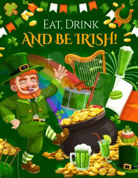 Patricks Day green shamrock and cartoon leprechaun character. Vector clover leaves, pot of gold and lucky horseshoe, elf cauldron with golden coins and rainbow, beer and Ireland flag. Irish holiday