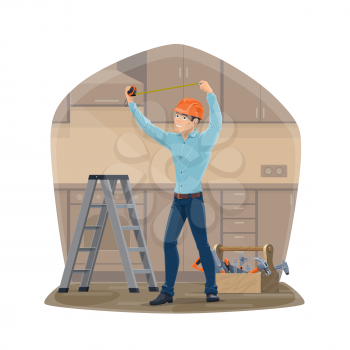 Cartoon handyman or carpenter in hard hat with work tools. Toolbox with hammer, screwdriver and wrench, spanner, saw, tape measure. House repair service, construction industry